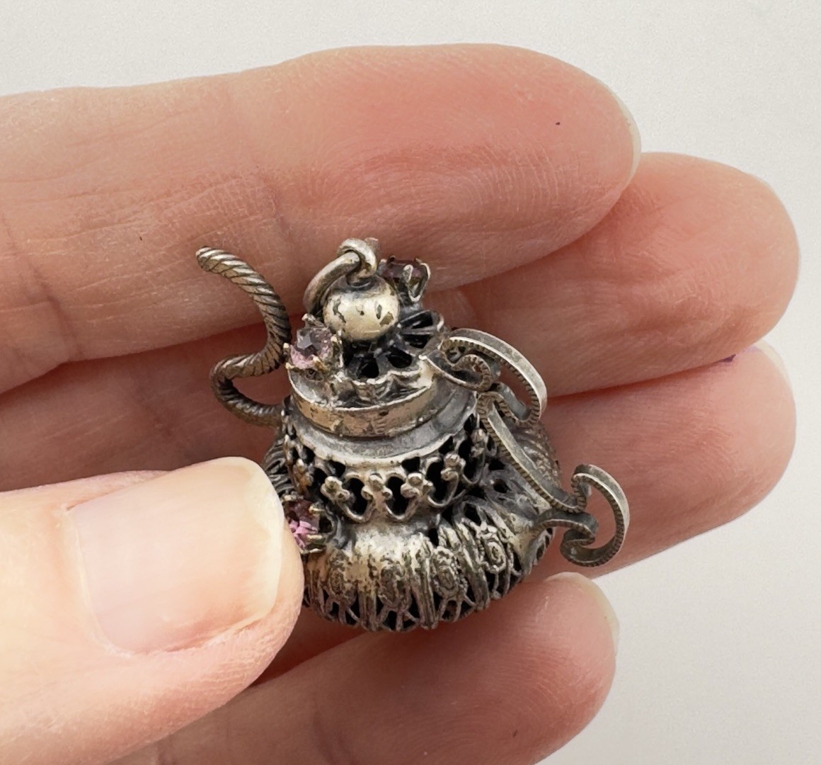 RARE Antique Sterling Filigree Asian Chinese Amethyst Jeweled Teapot Charm