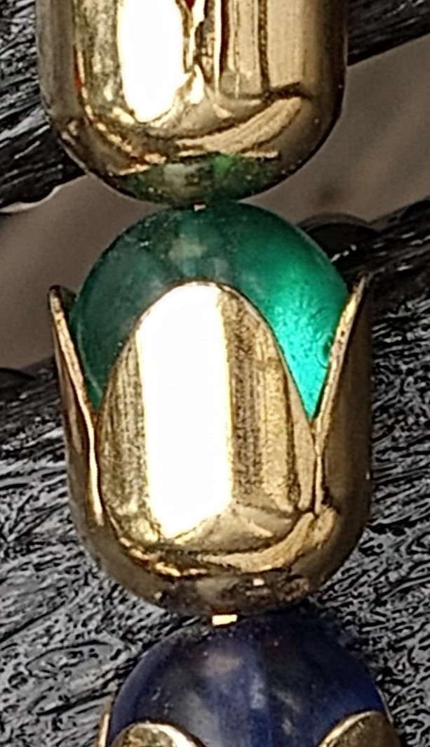Vintage Gold Tone Red Blue Green Glass Bead Necklace 19″ Modernist Statement