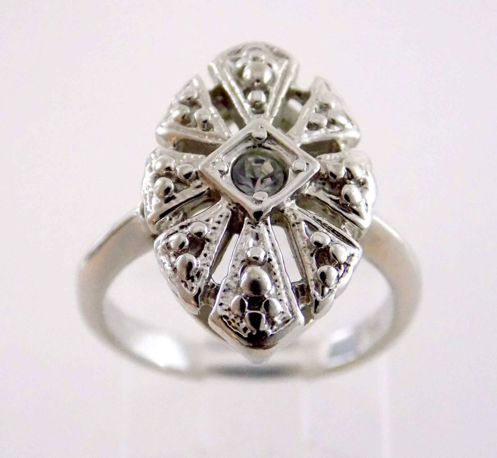 AVON Silvertone Metal and White Cubic Zirconia Ring Size 6 Round CZ Gems 3.8g