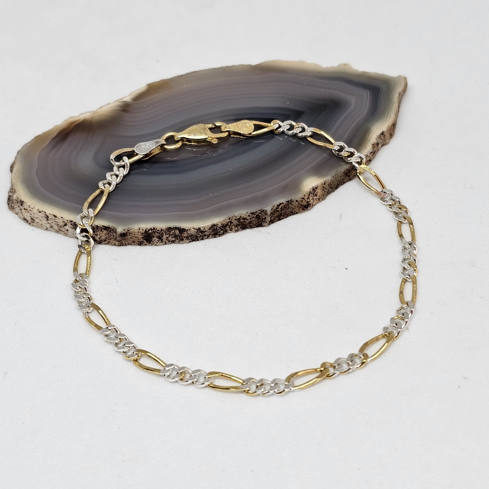 SU 925 Sterling Silver Vermeil Figaro Flat Link Chain Bracelet 7″ Long Italy
