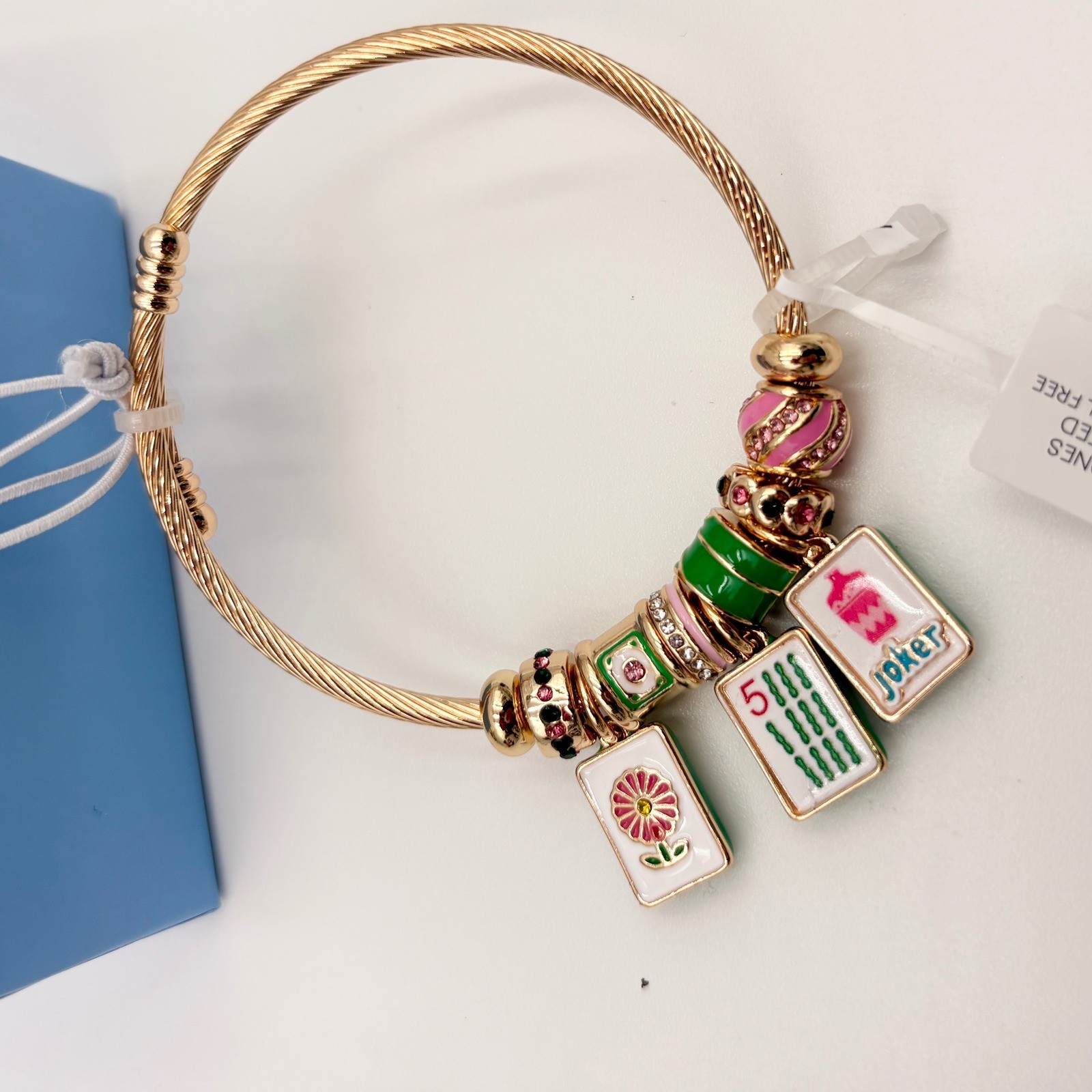 Piper K Mahjong Charm Bangle Bracelet Gold Tone Hand Painted Tiles New in Box