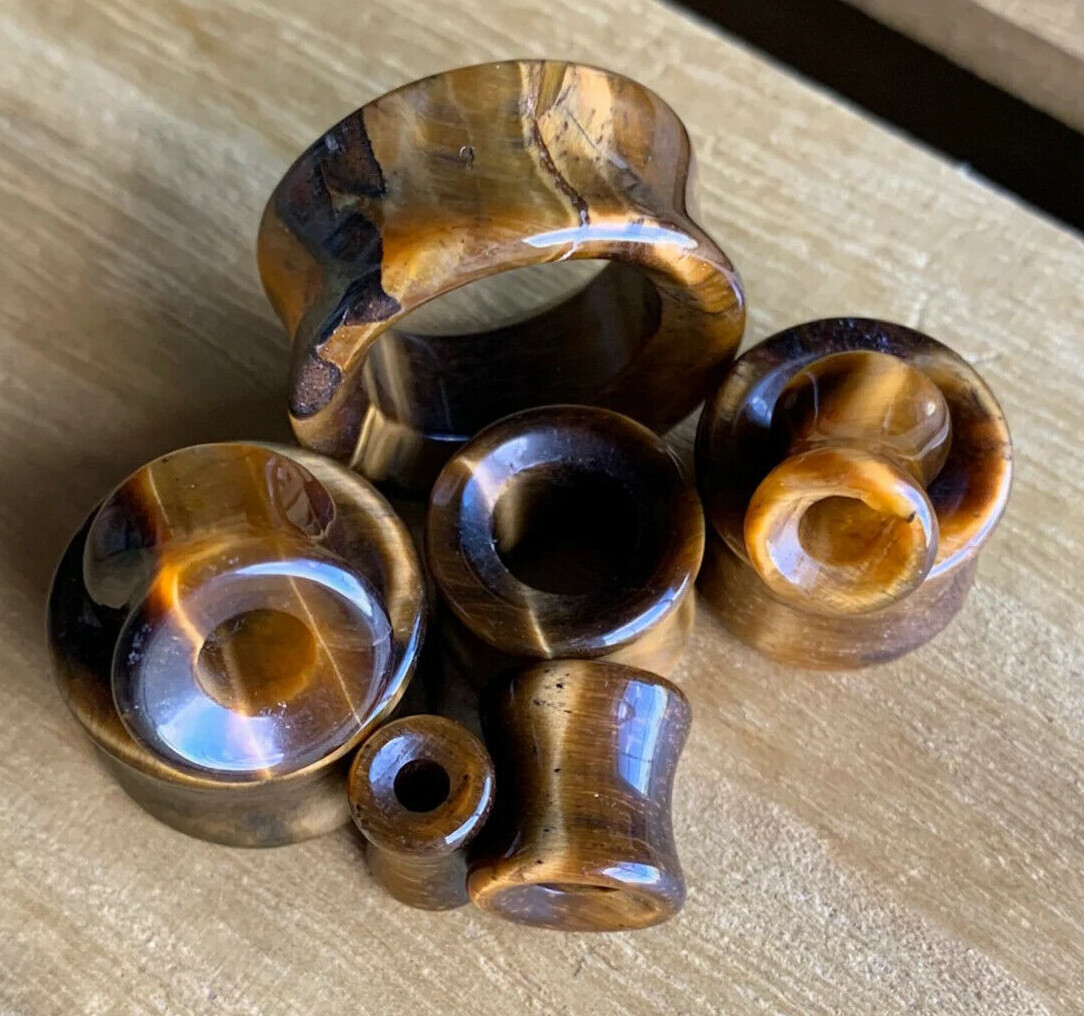 PAIR Tiger Eye Organic Stone Tunnels Double Flare Plugs Earlets Gauges
