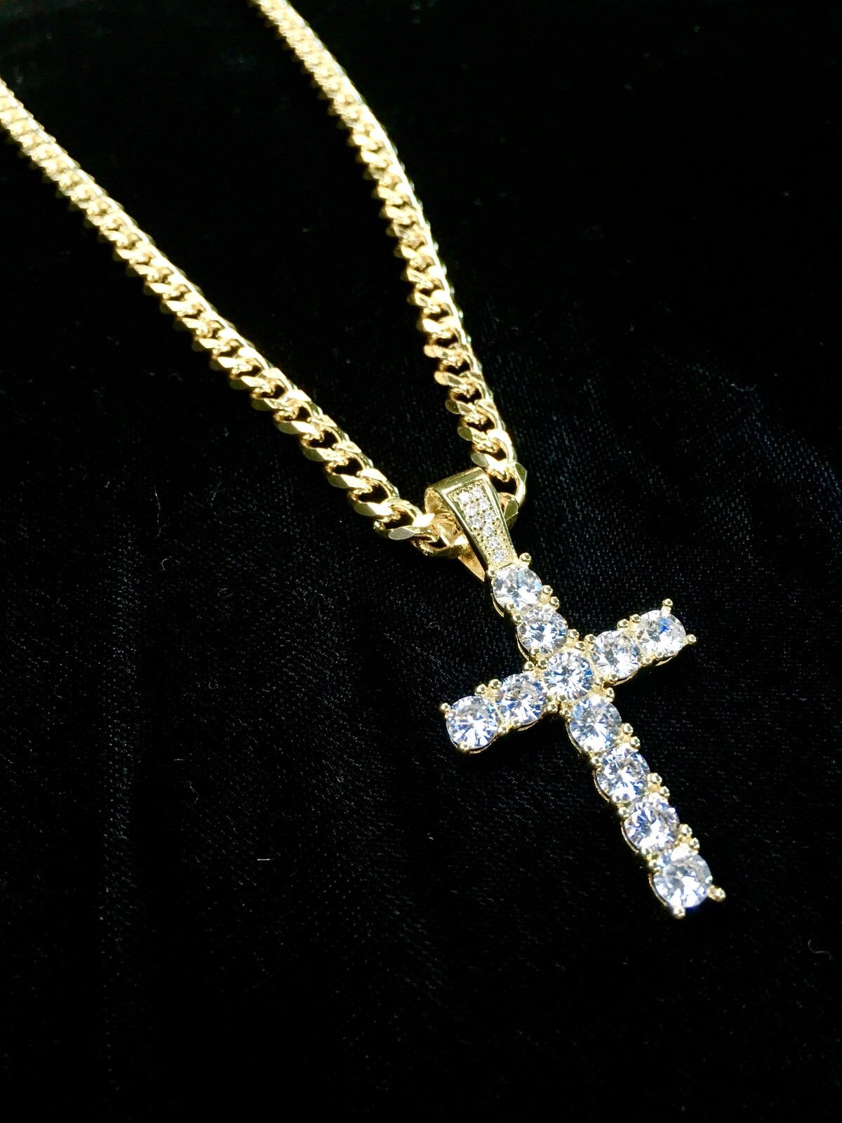 Cross Pendant Tennis Solid 18K Gold f Lab Diamond Cuban Link Necklace Chain Rope