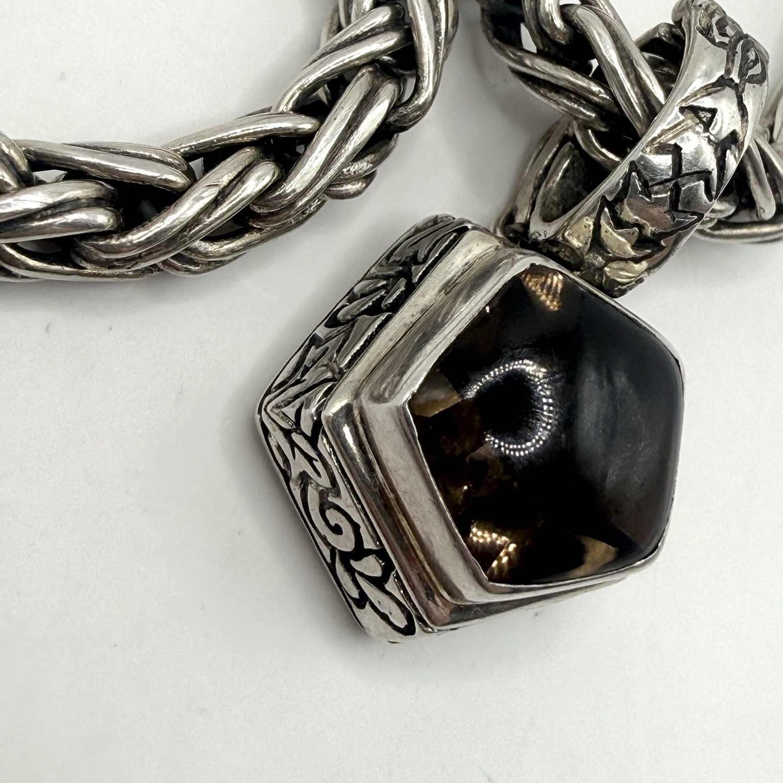 Fuzion 925 Sterling Silver Smoky Quartz Braided Chain Necklace 14” 50g Designer