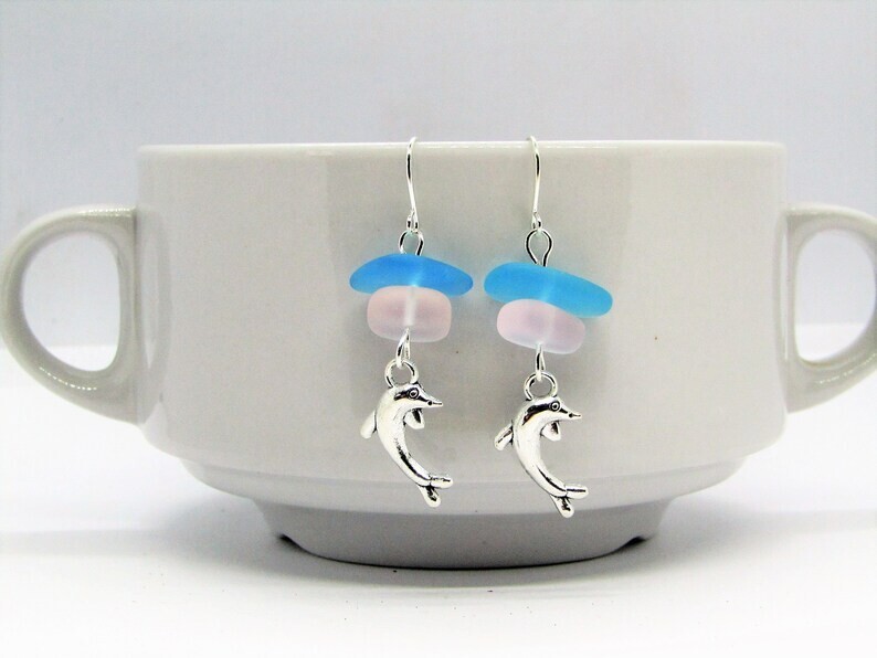Dolphin Earrings Silver Charm Seaglass Jewelry Gift For Her