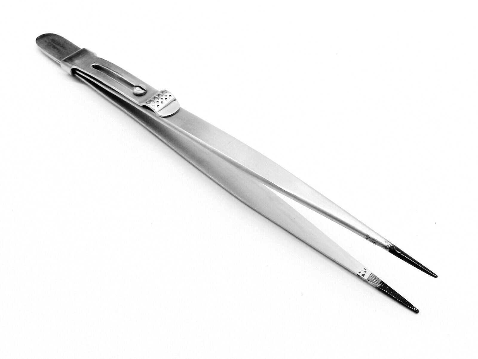 Tweezers Fine Tip Black Tips Slide Lock 6-1/4″ Stainless Black Tip ***Closeout