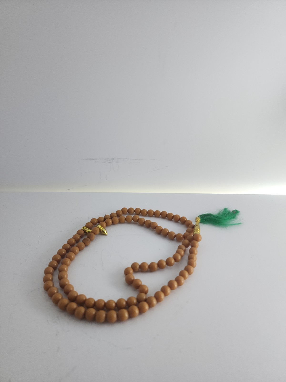Brown Beige Beads Necklace Meditation Souvenir Green Tassel Gold Tone Charm