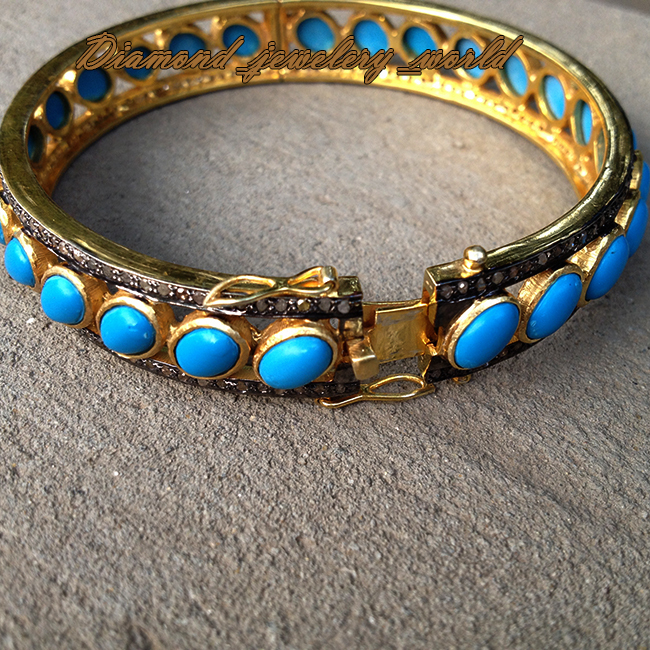 Vintage 2.49ct Rose Cut Diamond Turquoise Silver Amazing Bracelet Bangle Jewelry