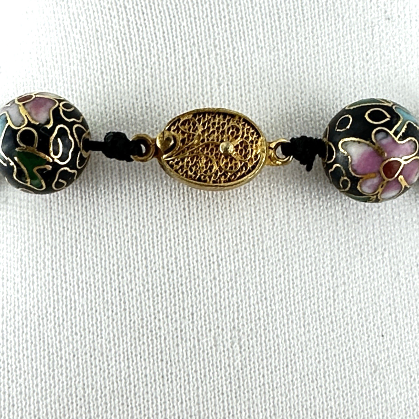 CLOISONNÉ vintage necklace – black & pink enamel floral beads 30″ Chinese export