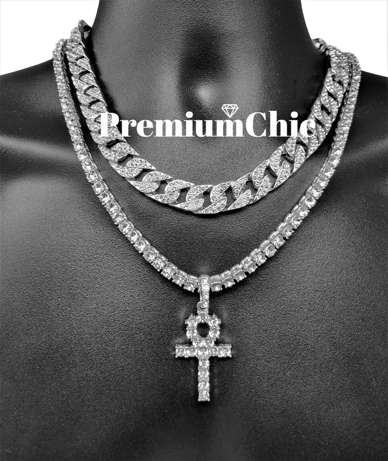 Mens Hip Hop ANKH Pendant + Tennis Chain + Miami Cuban Choker Plated CZ Jewelry