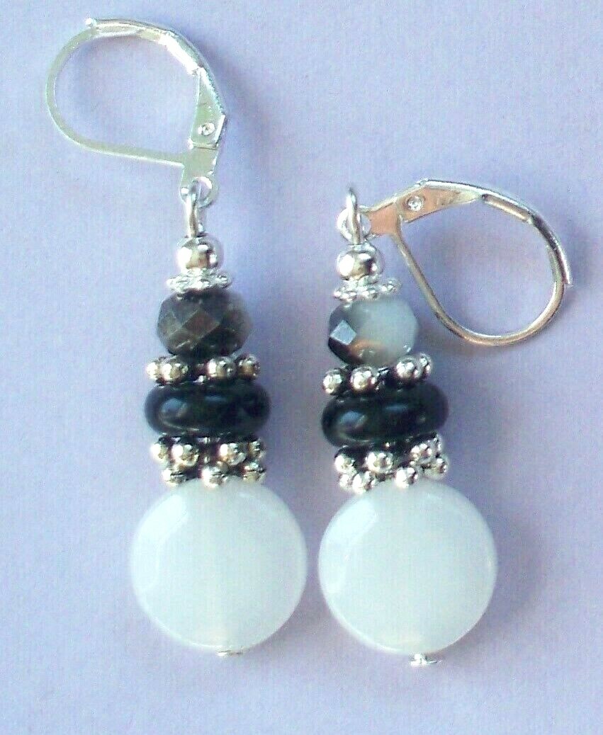 WHITE jadeite BLACK glass pearl earring SP LEVERBACK artisan #450-5