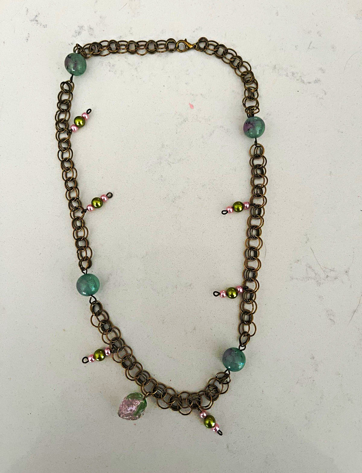 Bronze Tone Round Link Chain Beaded Necklace, Green & Pink Round Beads