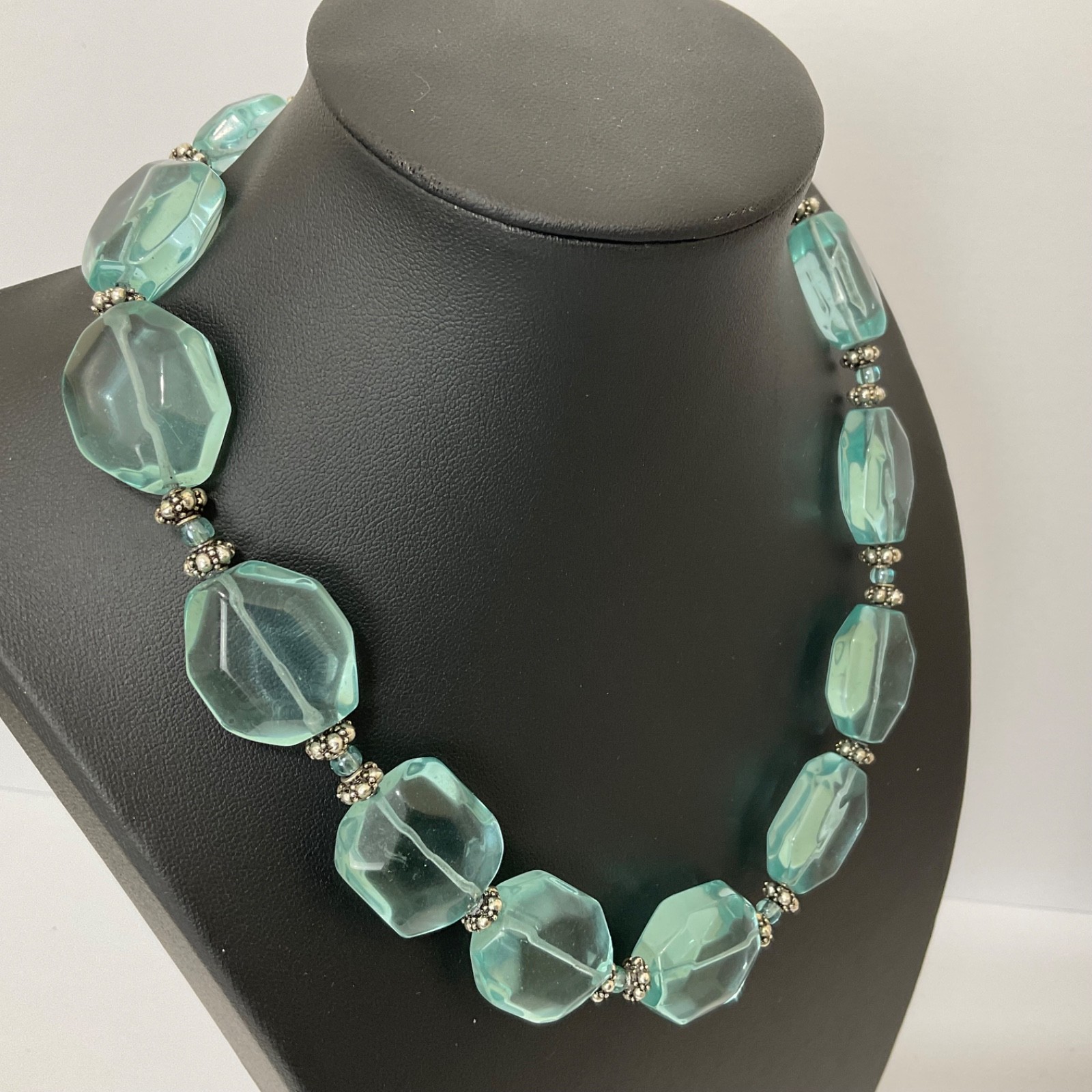 Vtg Aquamarine Glass Faceted Nuggets & Sterling Silver Beaded Necklace Adjusts