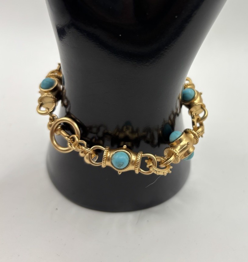Vintage Etruscan Revival 18K Gold Plated Turquoise Toggle Bracelet 7.5″ Unsigned