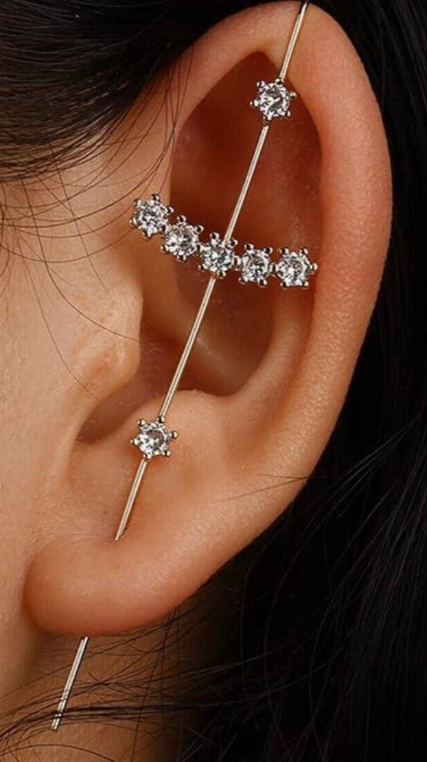Ear Cuff Earring FASHION JEWELRY DESIGN BY KOREA EARRINGS 3″ LONG SILVER CRYSTAL