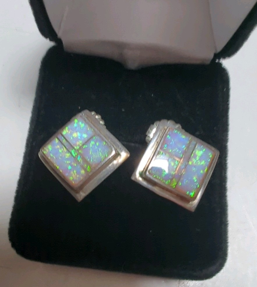 Native American Square Opal Inlay Stud Earrings Signed With C And Other Emblem