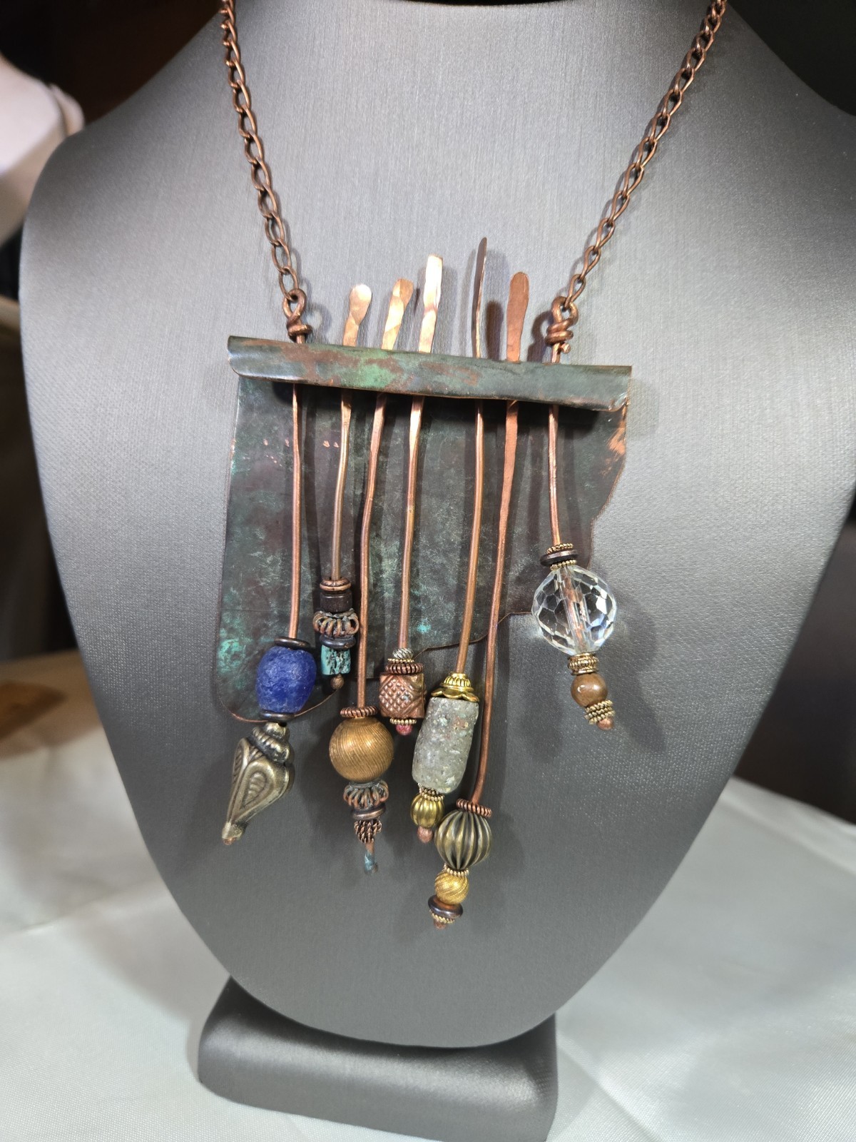 Artisan Made Brutalist Art Deco Necklace Copper Mixed Media Handmade