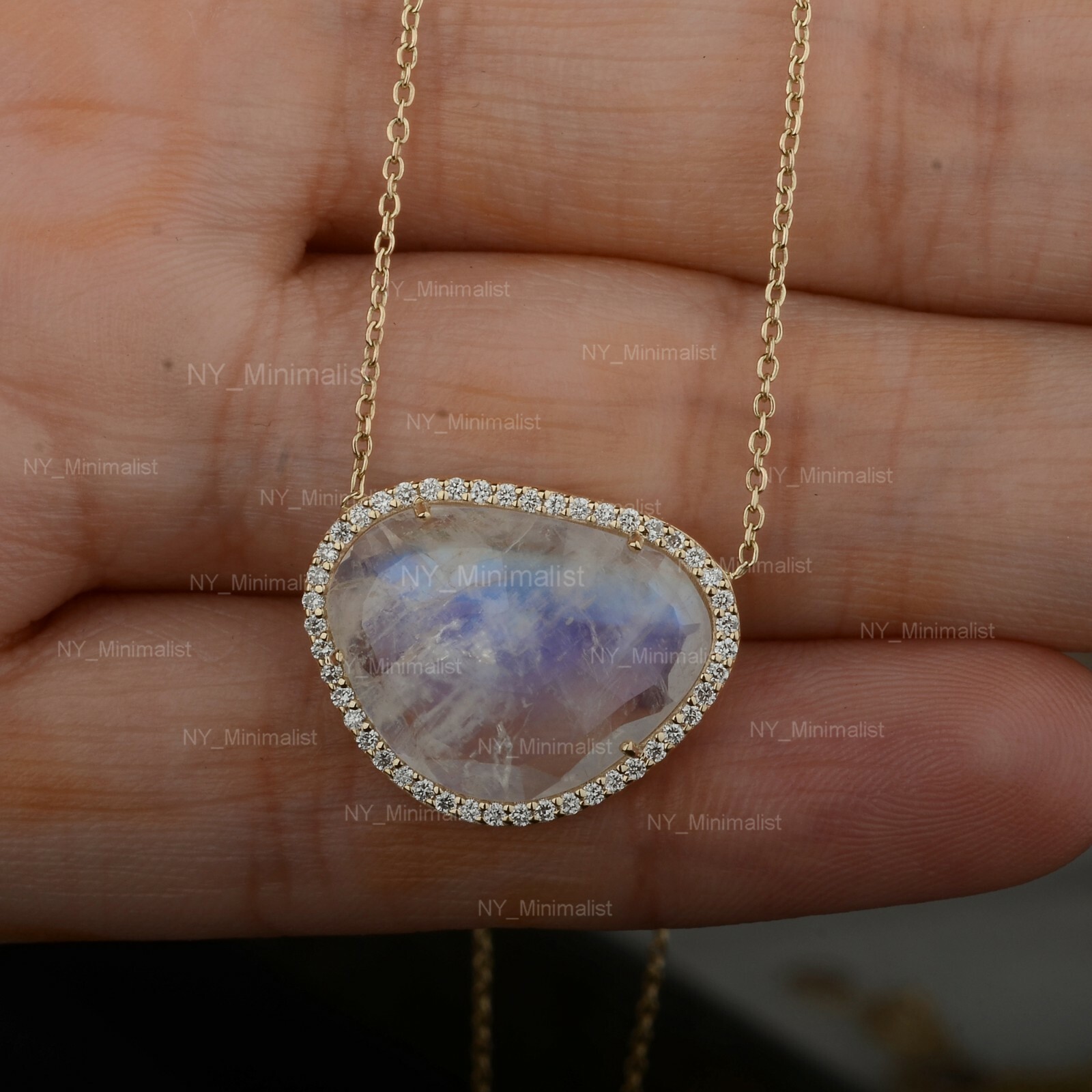 Unshape Moonstone Gemstone Diamond Solid 14K Yellow Gold Fine Pendant Necklace