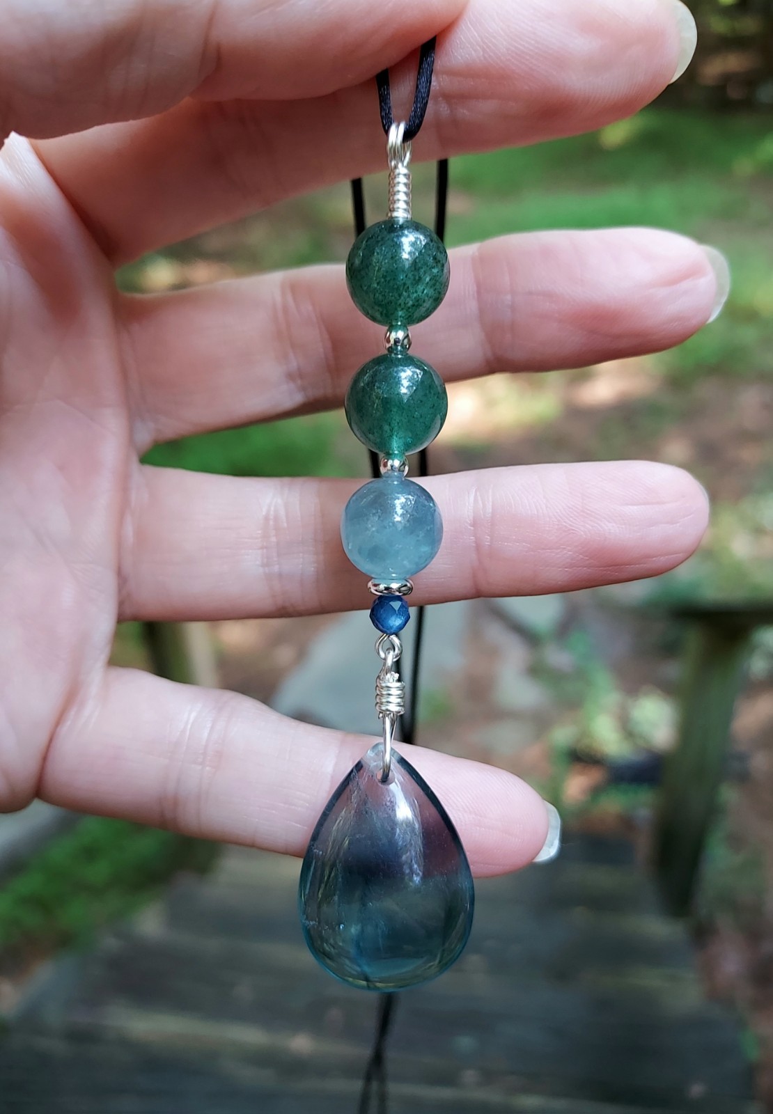 Blue Fluorite Pendant With Green Strawberry Quartz, Colorful Artisan Crafted