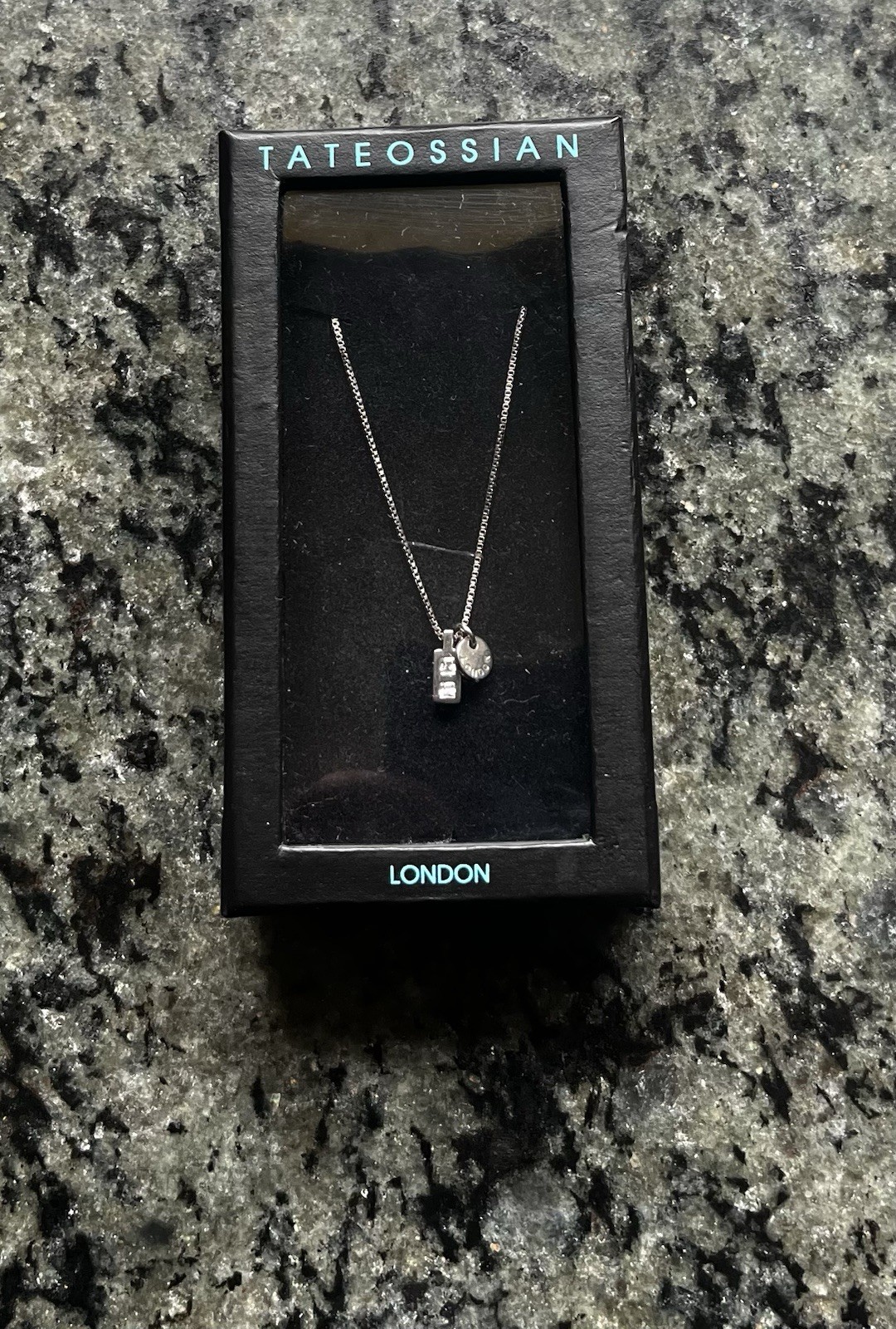 Tateossian London 925 Sterling Silver Black Rhodium CZ Pendant Necklace 40cm Box
