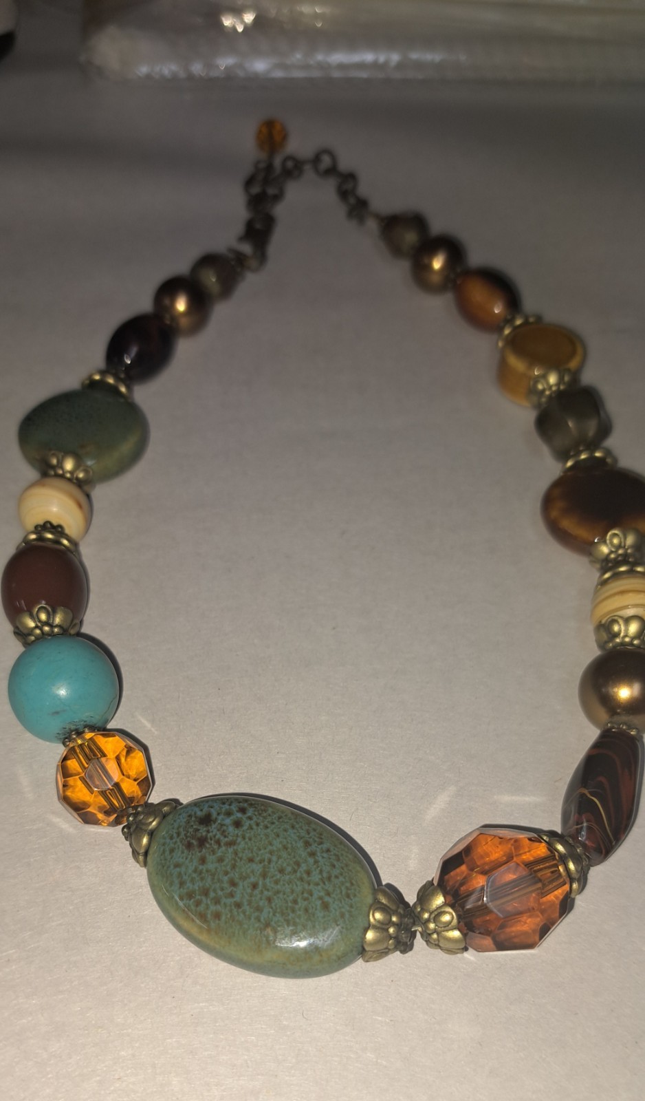 PREMIER DESIGNS Brown Green Blue Glass Ceramic Bead Gold Tone Treasure Hunt