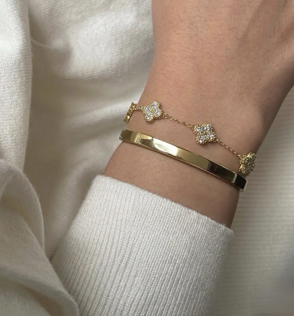 14K Gold Plated Oval Bangle Bracelet Water Resistant Rhodium Finish – Small 54mm