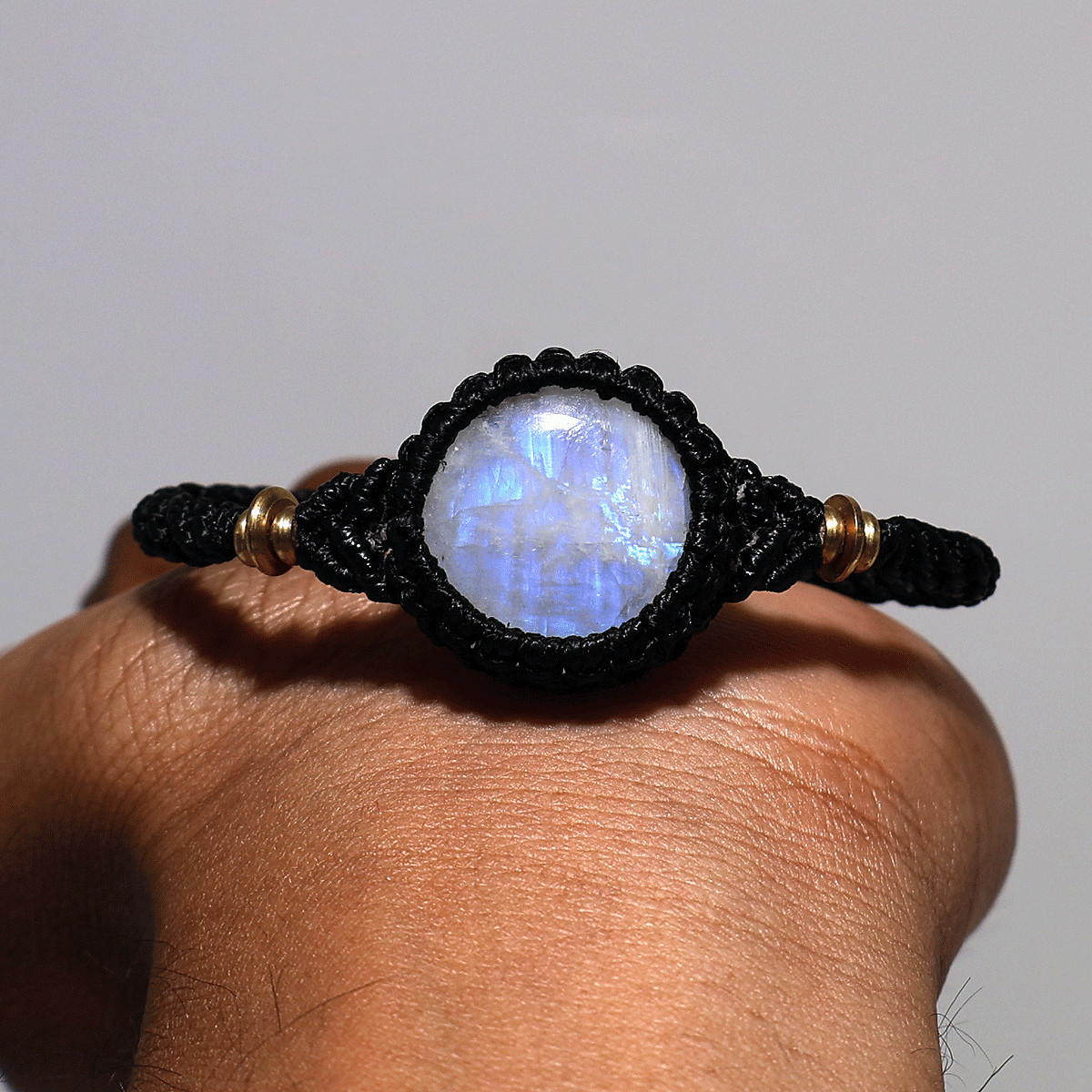 Blue Fire Rainbow Moonstone Macramé Bracelet – Handmade Lunar Glow Wrist Jewelry