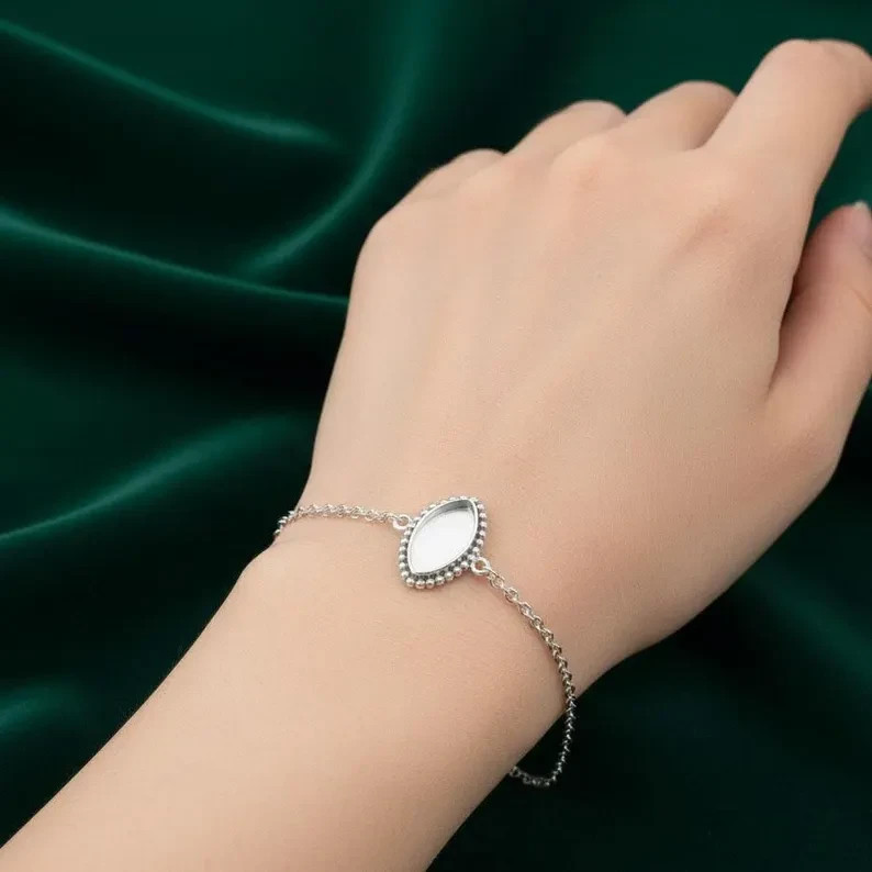 Handmade 925 Sterling Silver 4x8mm Marquise Bezel Bracelet Resin DIY Jewelry