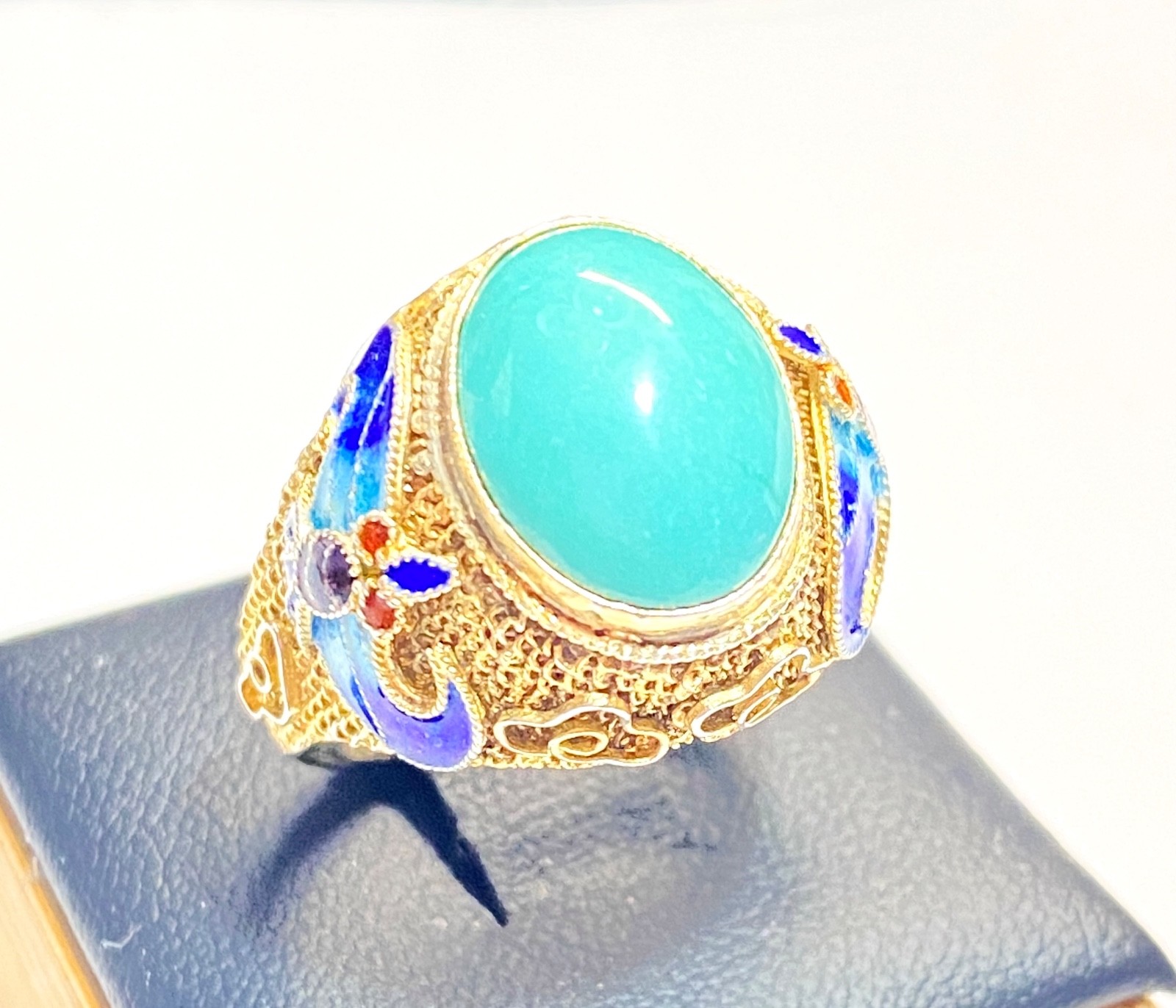 Vintage Chinese Export Silver Vermeil Turquoise & Enamel Adjustable Sized Ring
