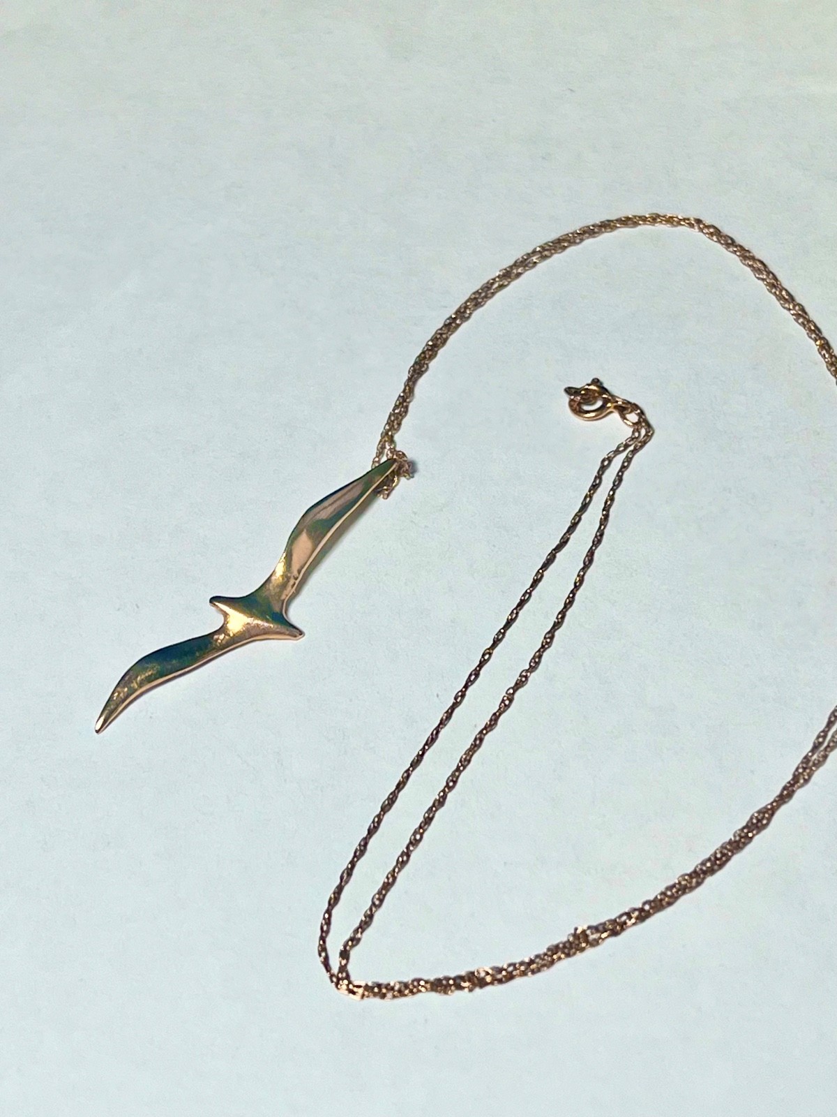 14K Solid Gold Seagull In Flight 40mm x 10mm Pendant Charm 16 inch Necklace