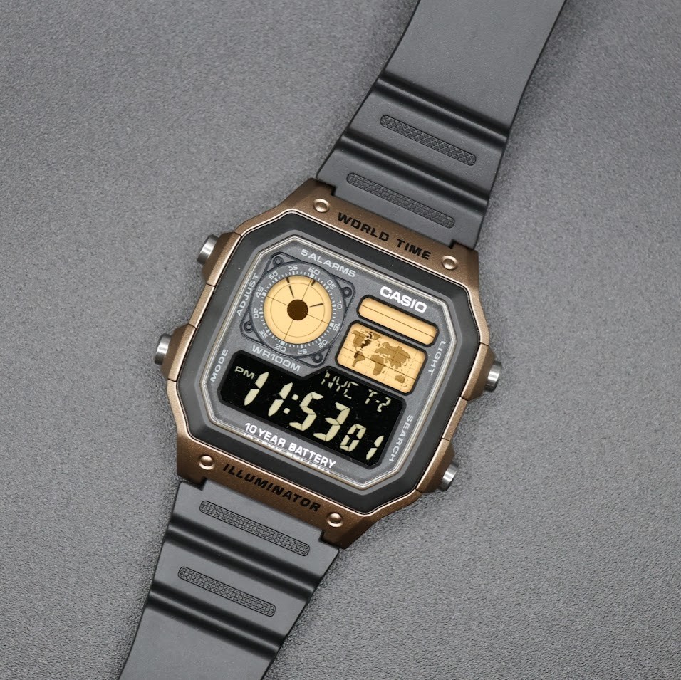 CASIO AE-1200WHD. Royale World Time Watch Mod. Gold Filter. Negative Display