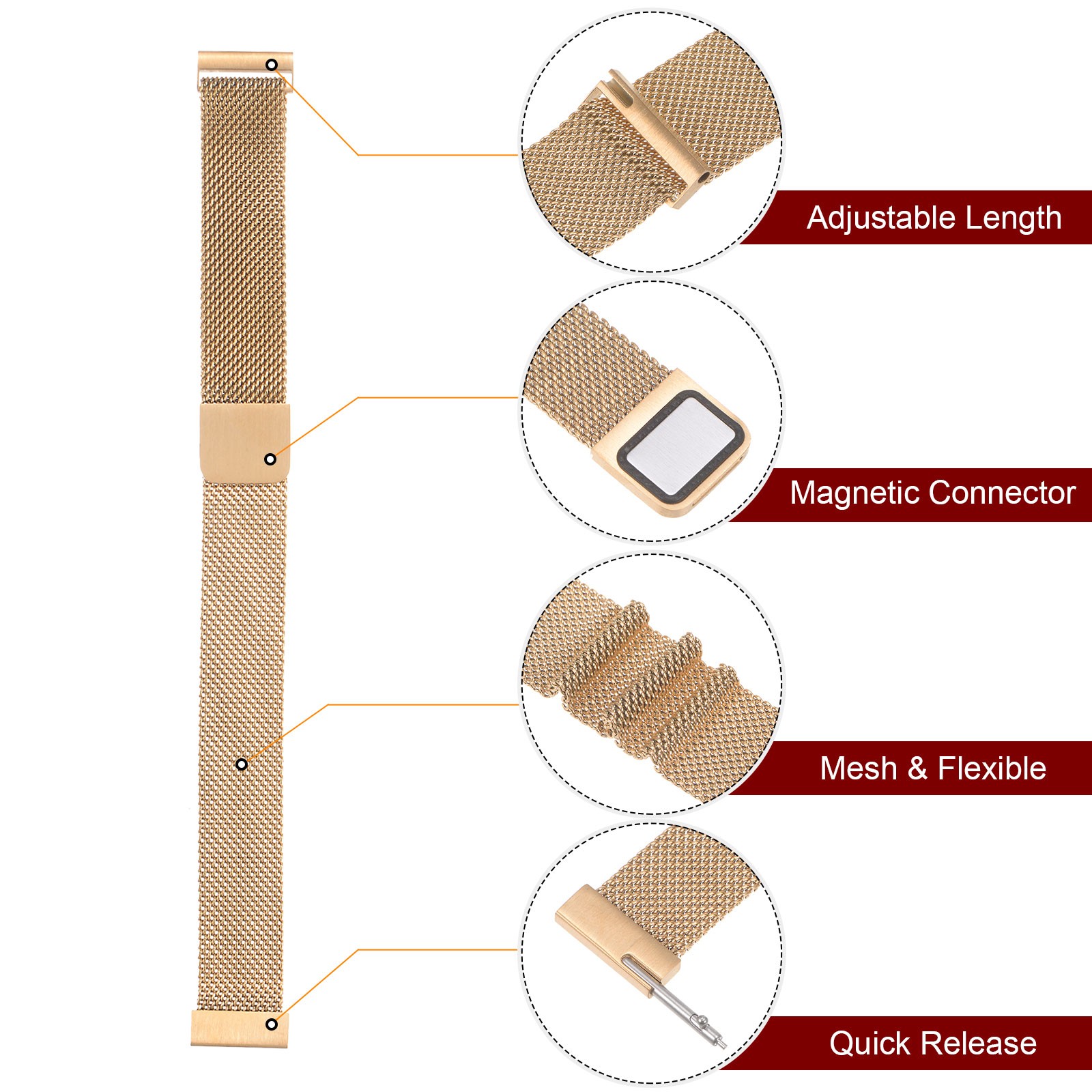 Stainless Steel Mesh Watch Band 16mm Quick Release Magnetic Clasp Rose Gold