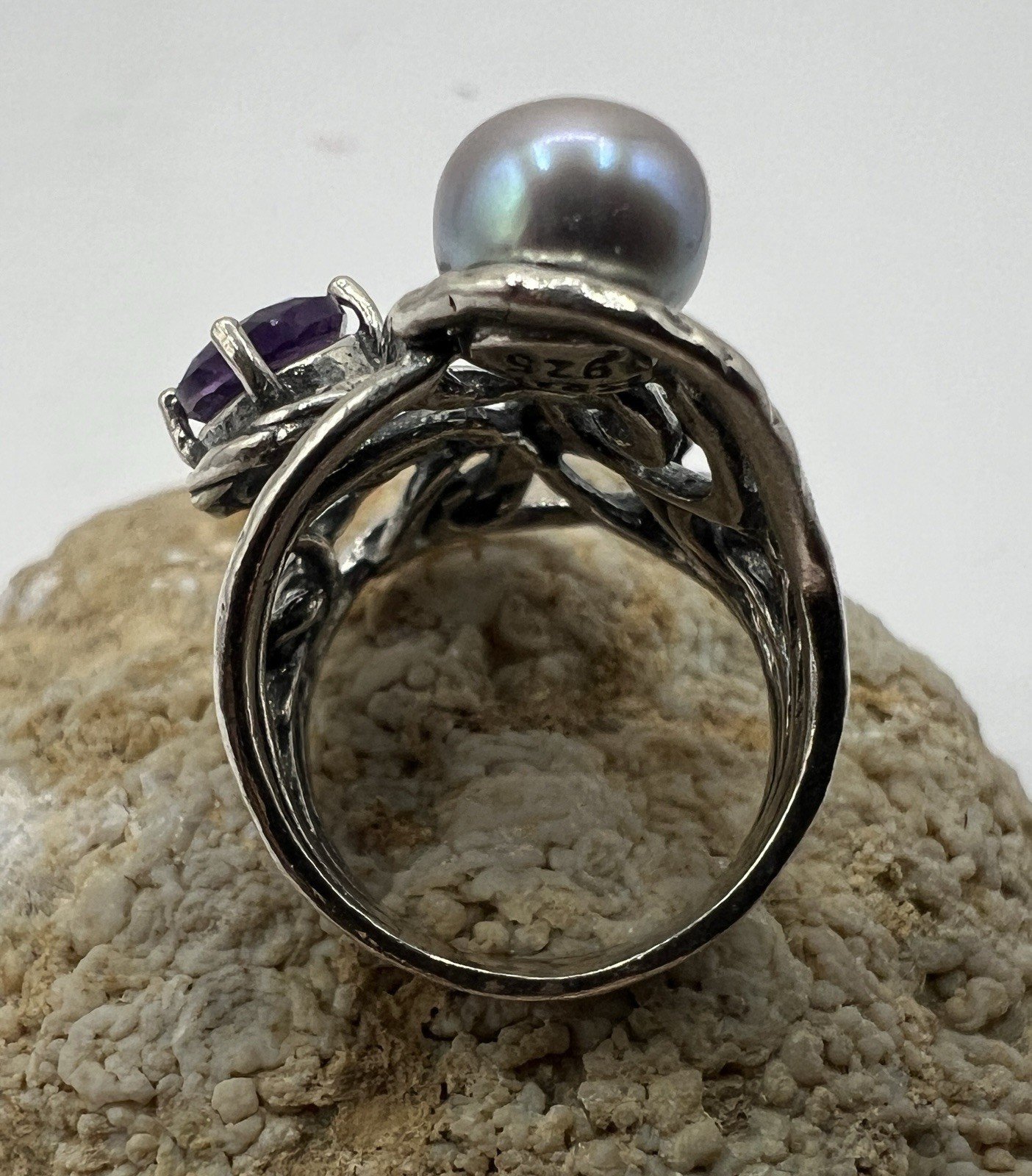 PZ Paz Creations Sterling Silver Pearl Amethyst Topaz Brutalist Split Shank Ring