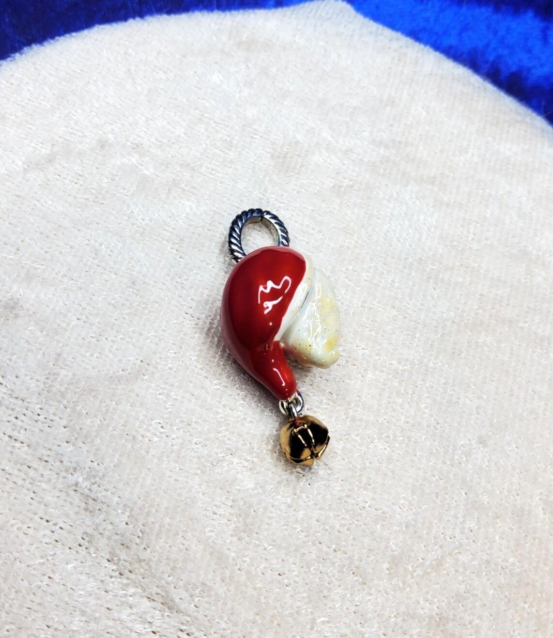vintage metal and enamel red, white santa claus gold color bell pendant/charm