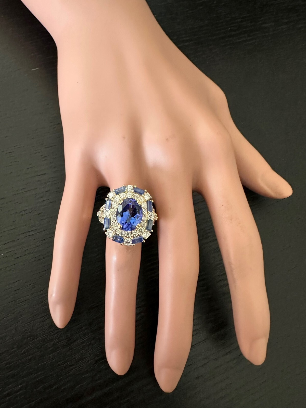 6.80 Carat Natural Blue Tanzanite and Diamonds in 14K Solid Yellow Gold Ring