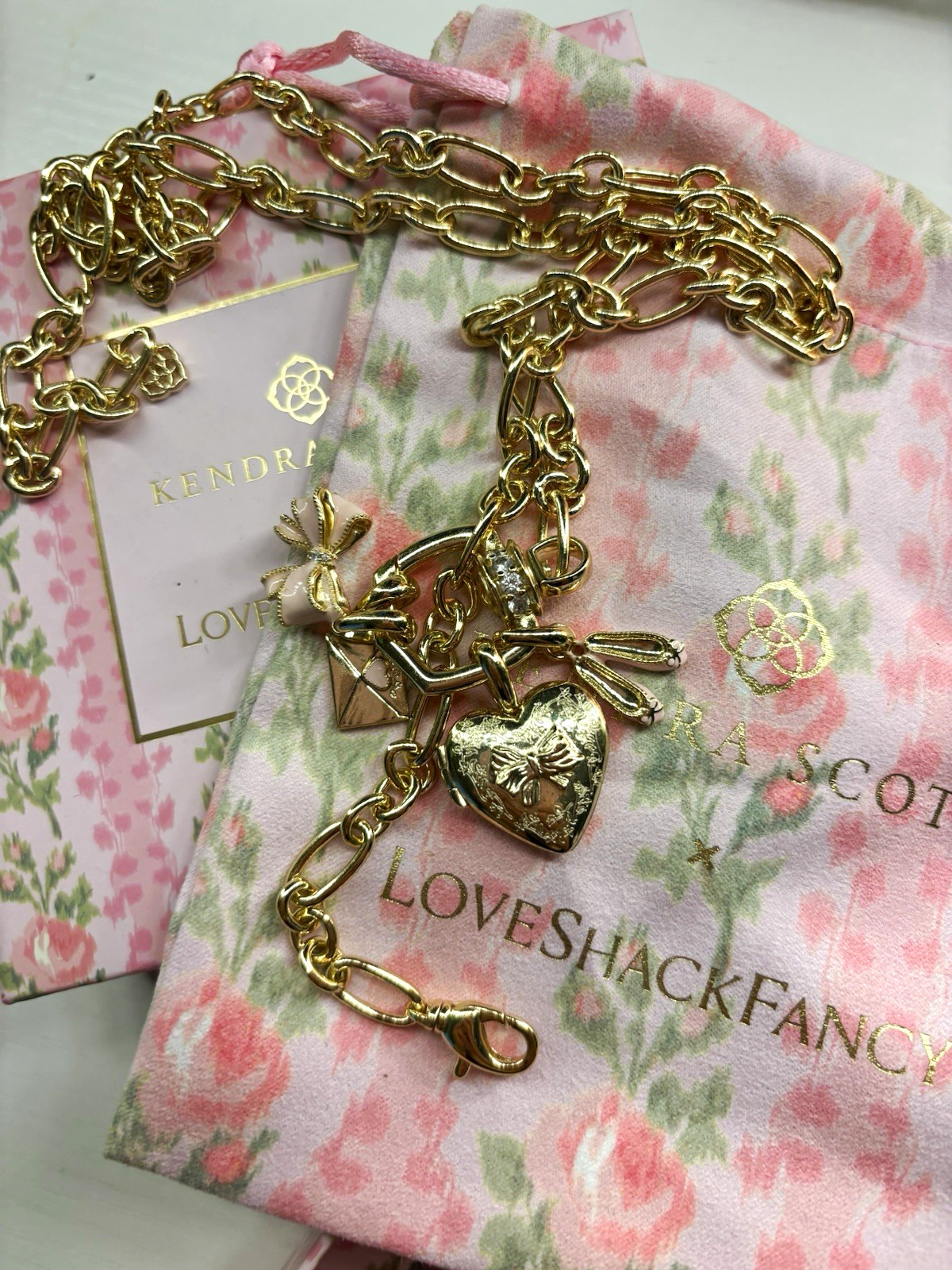 Loveshackfancy x Kendra Scott Gold Heart & Bow Charm Cable Chain Necklace