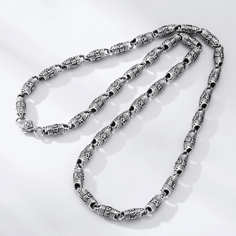 Real 925 Sterling Silver Barrel Chain Beads Link Necklace for Men Hip Hop Punk