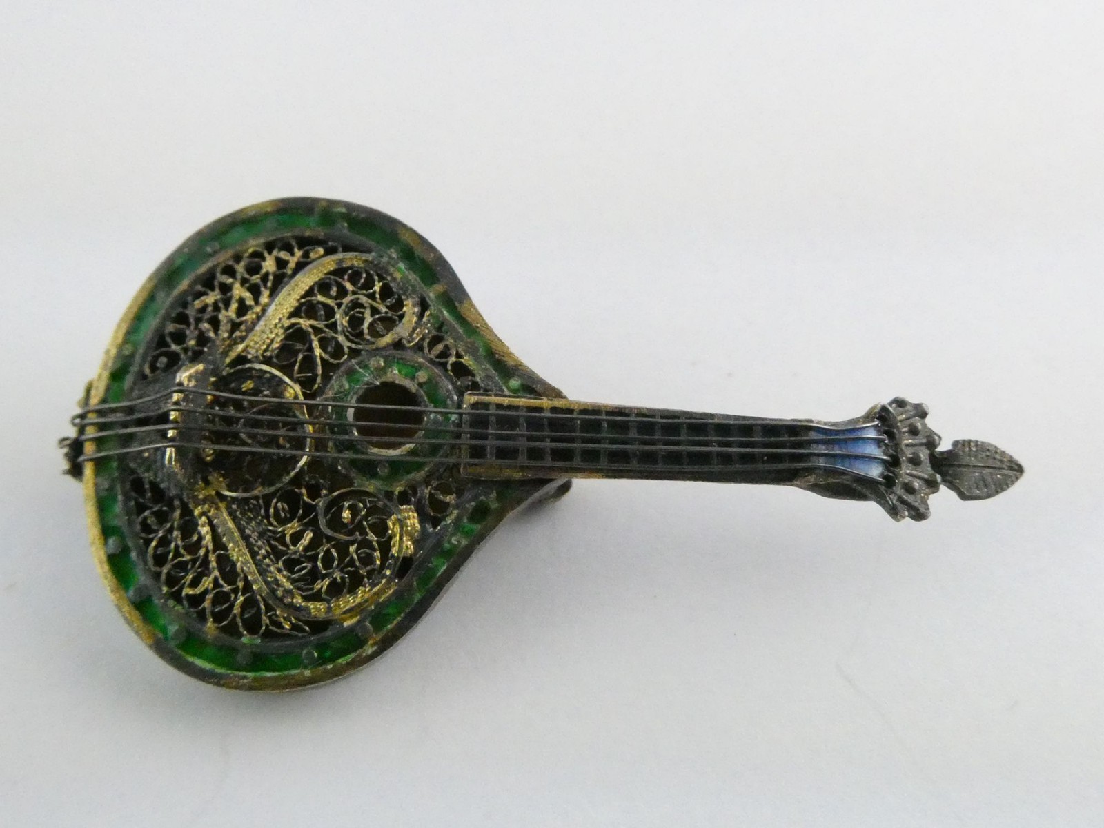 Vintage Sterling Silver Enamel Filigree Guitar Brooch Rosas de Portugal 6g 2 In