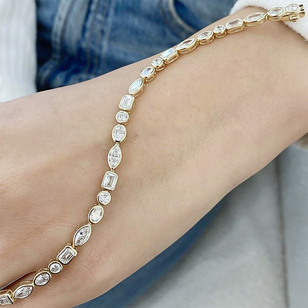 Lab Grown Diamond Bezel Wedding Tennis Bracelet 10Ct 14k Solid Gold Multi Shape