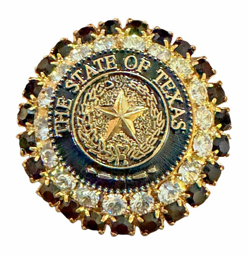 Vintage Gold Tone Rhinestone Seal of the State of Texas Brooch Pin in Box