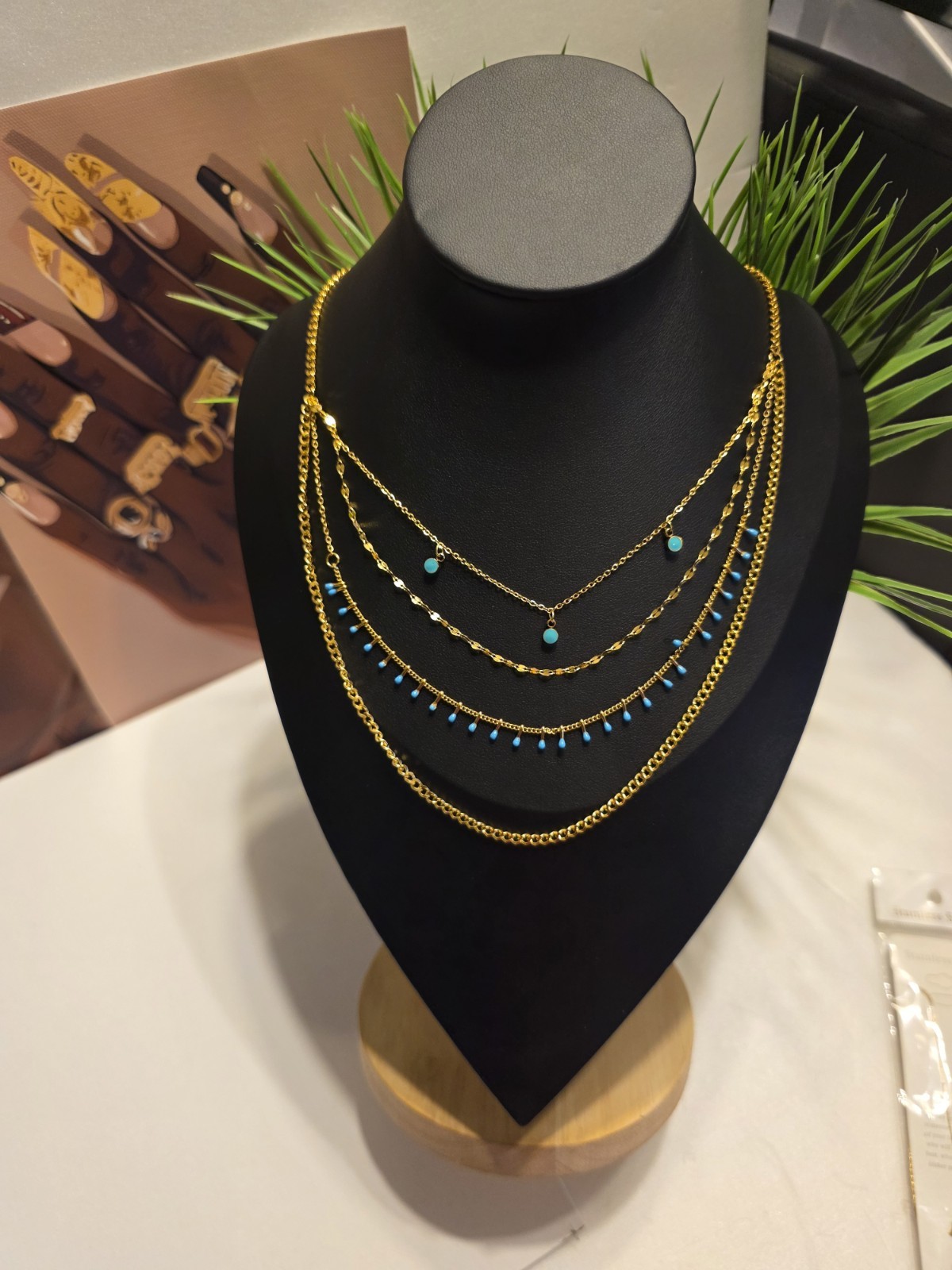 Gold Tone Layered Cable Chain Necklace with Blue Accents, Lobster Closure