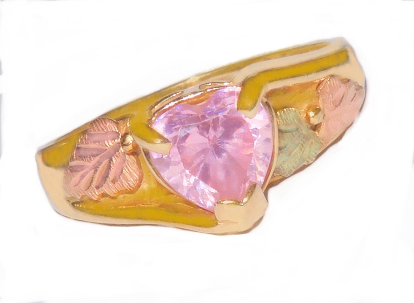 Black Hills Gold 10k Pink Tourmaline Heart Leaves Ring Size 7