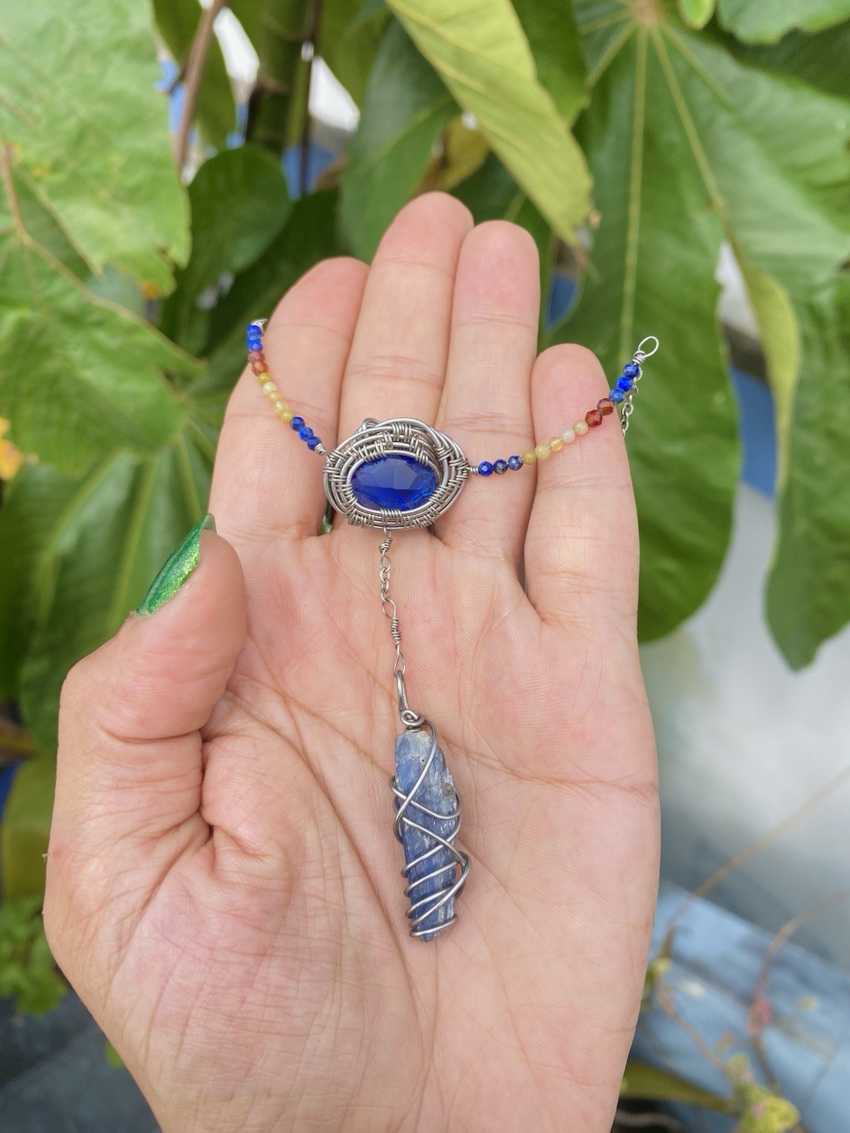 Handcrafted Wire Wrapped Blue Tanzanite Oval Pendant Beaded Necklace Steel Chain