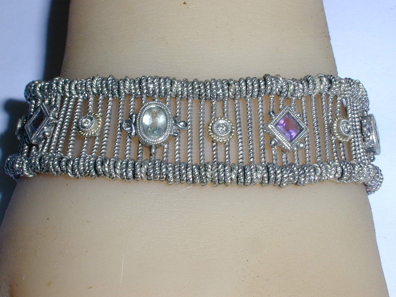 AMAZING- GABRIEL & CO STERLING 18K GOLD DIAMOND AMETHYST AQUAMARINE BRACELET-7.5