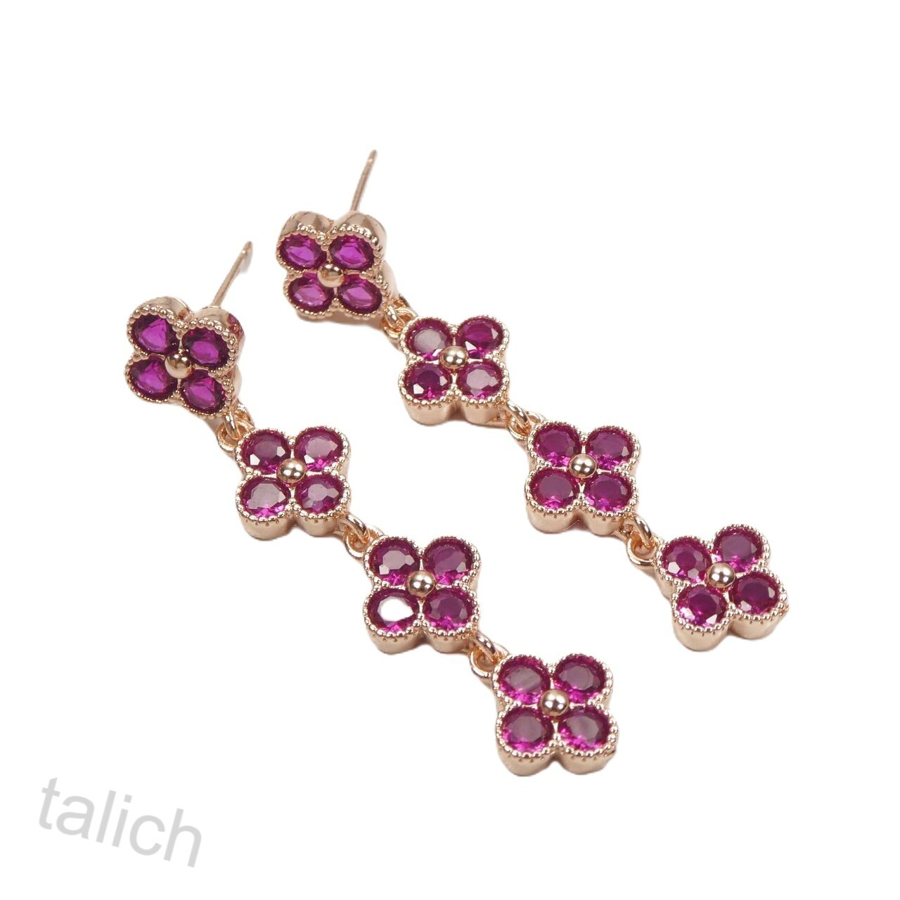 Rose Gold Plated Hot Pink Fuchsia CZ Cubic Zirconia Linear Flower Long Earrings