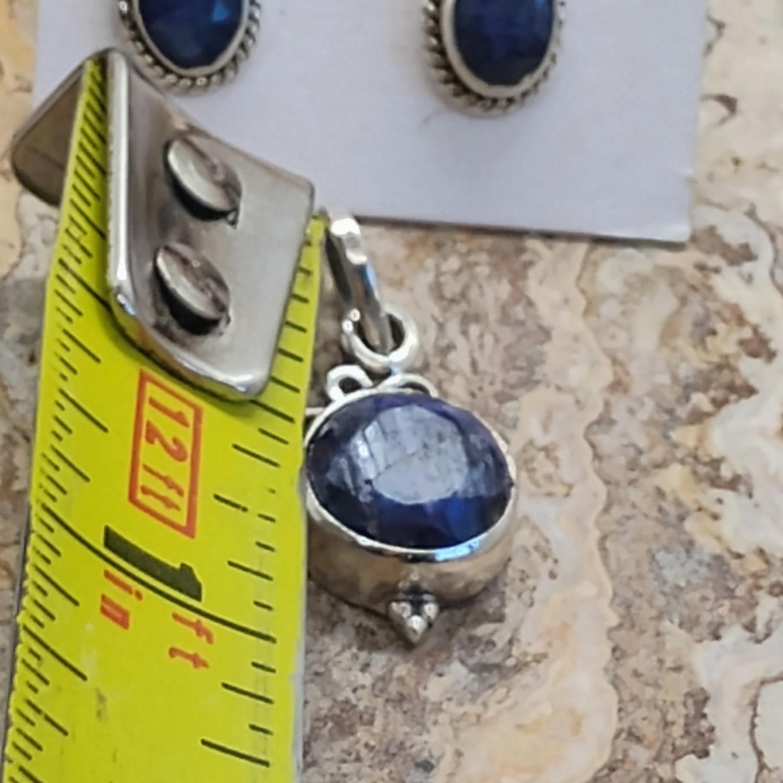 Sterling Silver Faceted Blue Sapphire Stud Earrings & Pendant Set Dainty Elegant