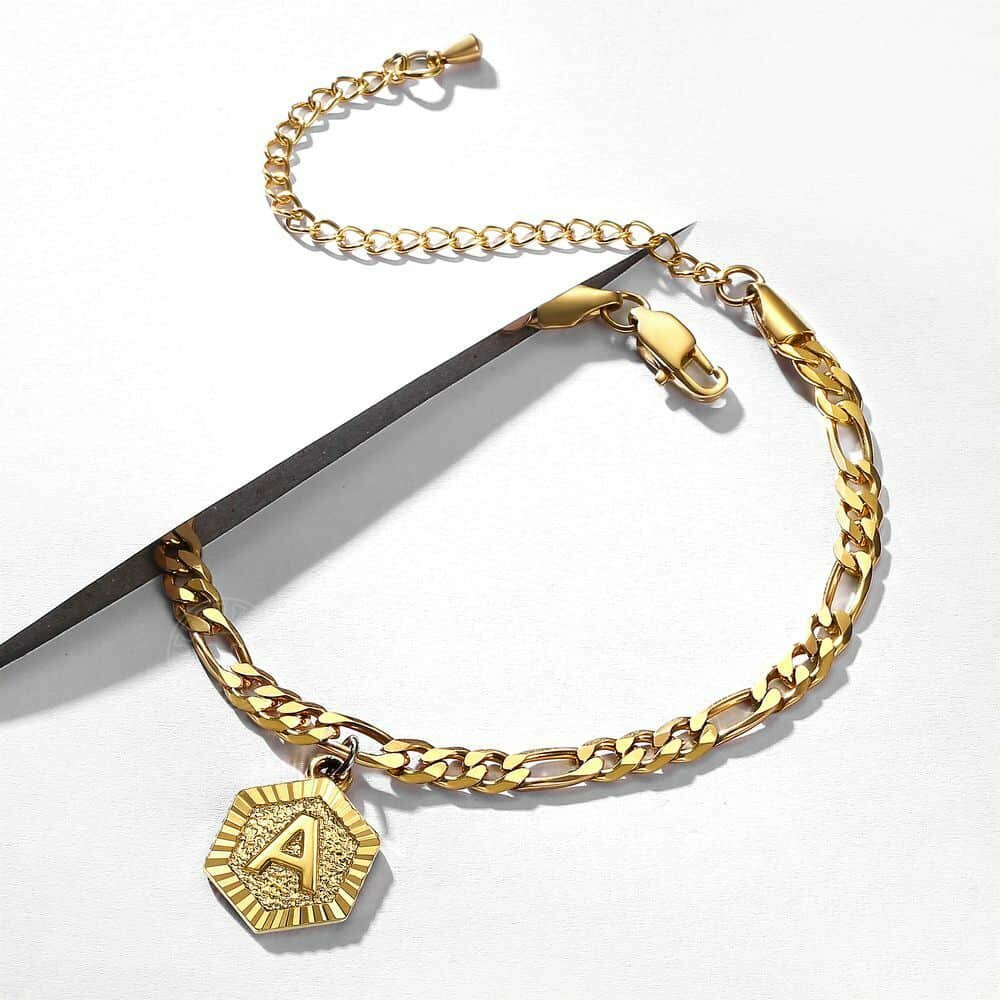 5mm Figaro Hexagon Initial Letter Charm Anklet Bracelet Gold Plated Foot chain
