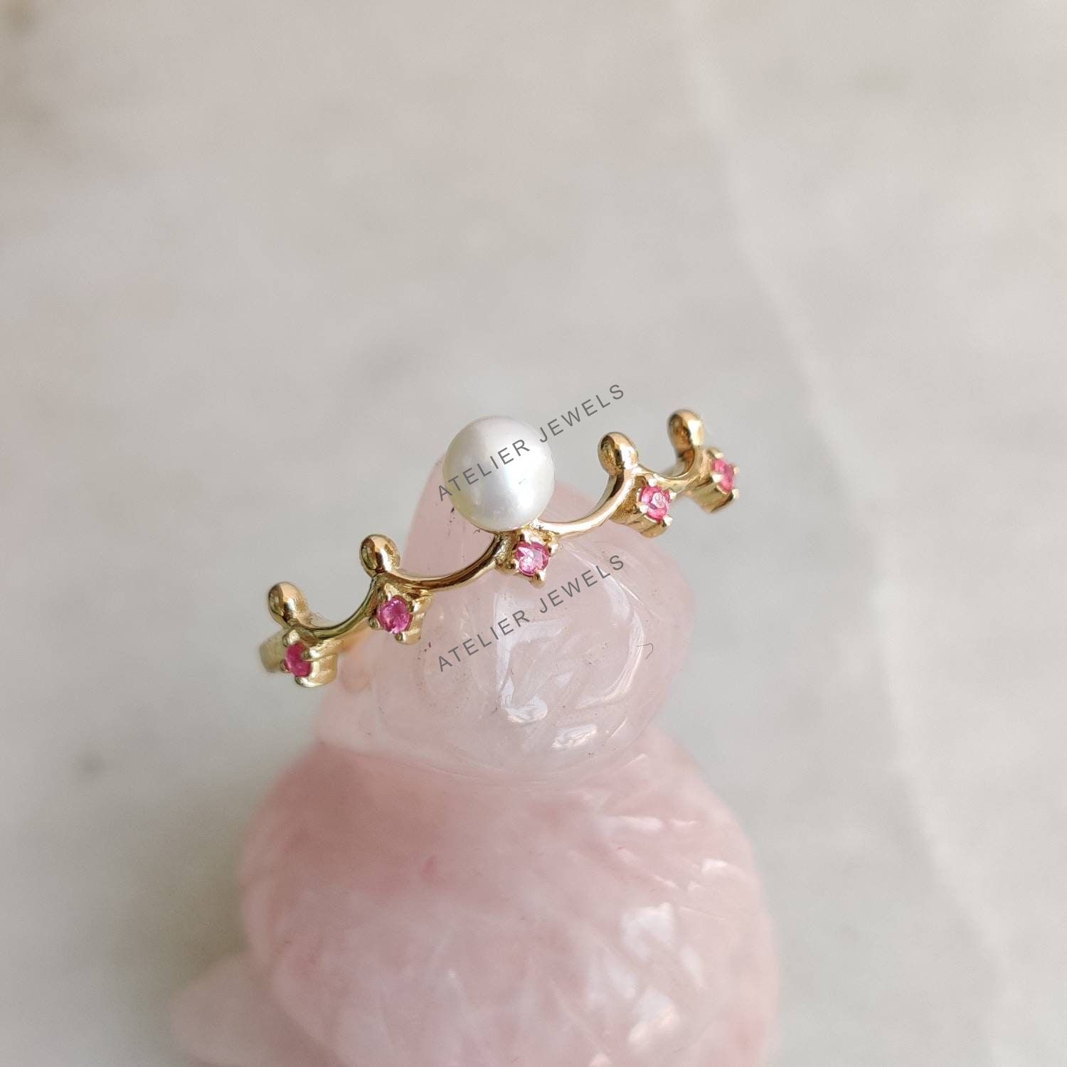 0.43 Ct Natural Pearl Ruby Band Ring 14K Gold Minimalist Birthstone Jewelry Gift