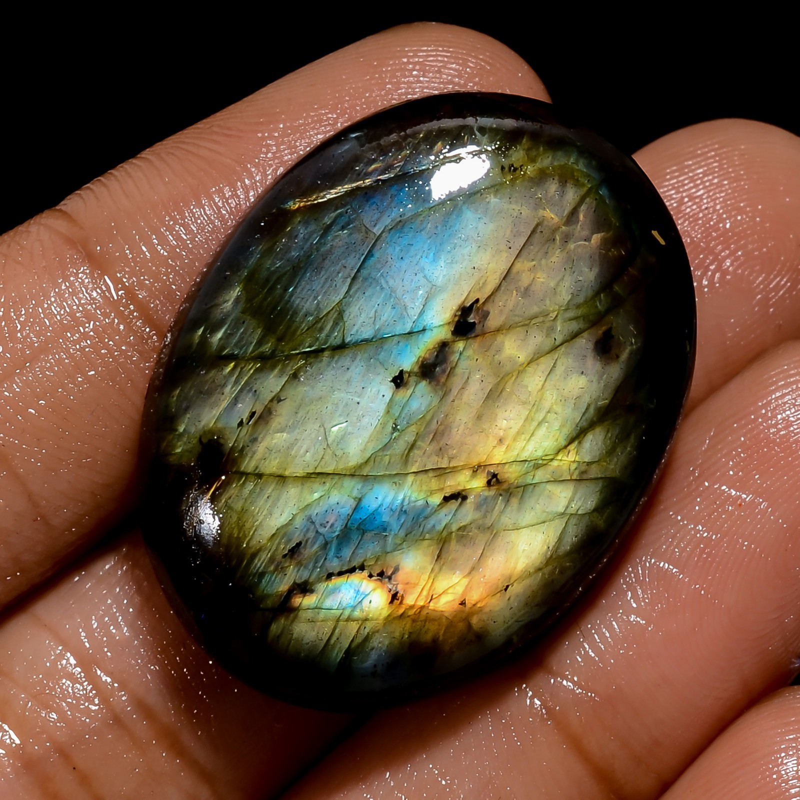 53.5 Ct Natural Golden Fire Labradorite Oval Cabochon Loose Gemstone For Jewelry