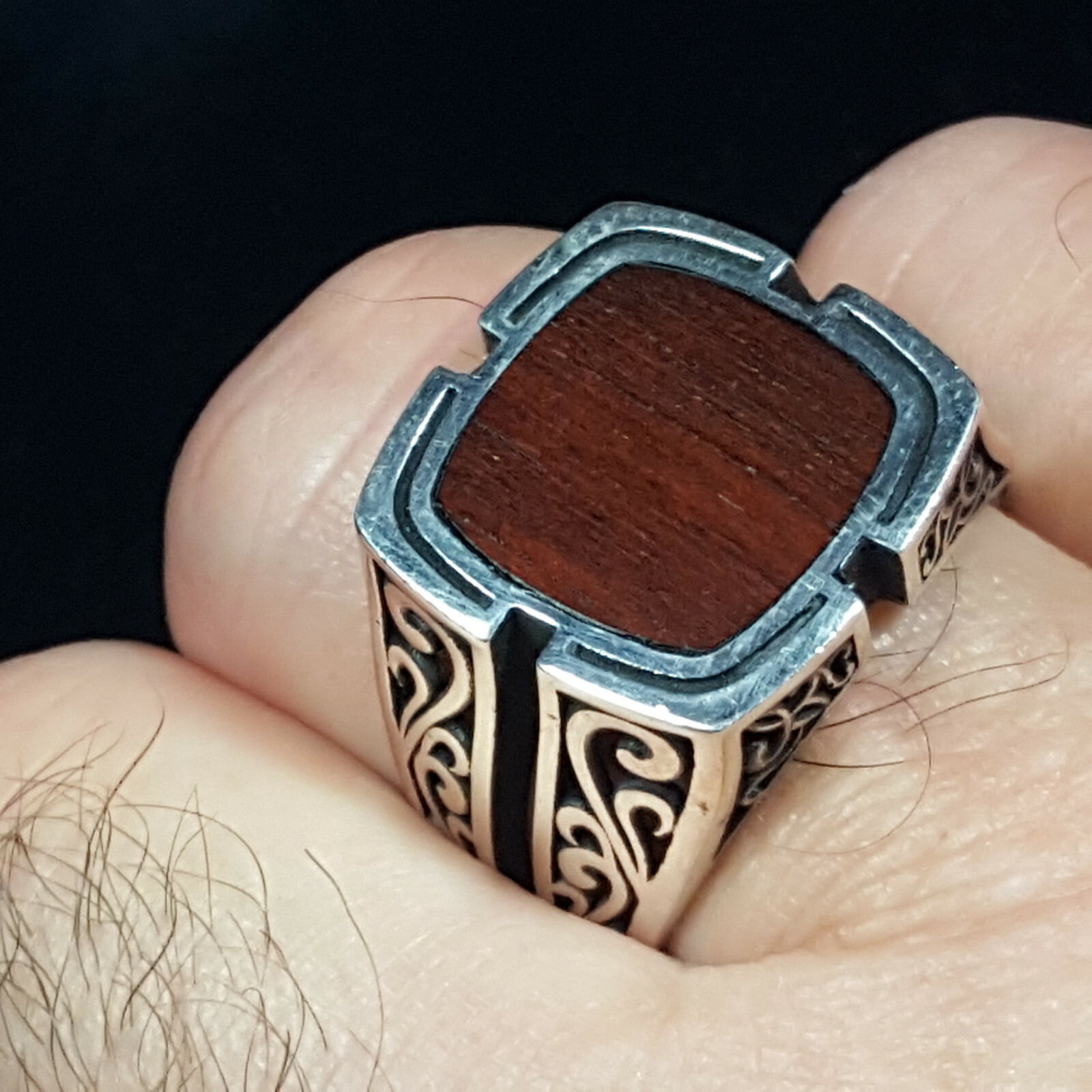 Mens Wood Inlay 925 Solid Sterling Silver Ring Size 10 SS